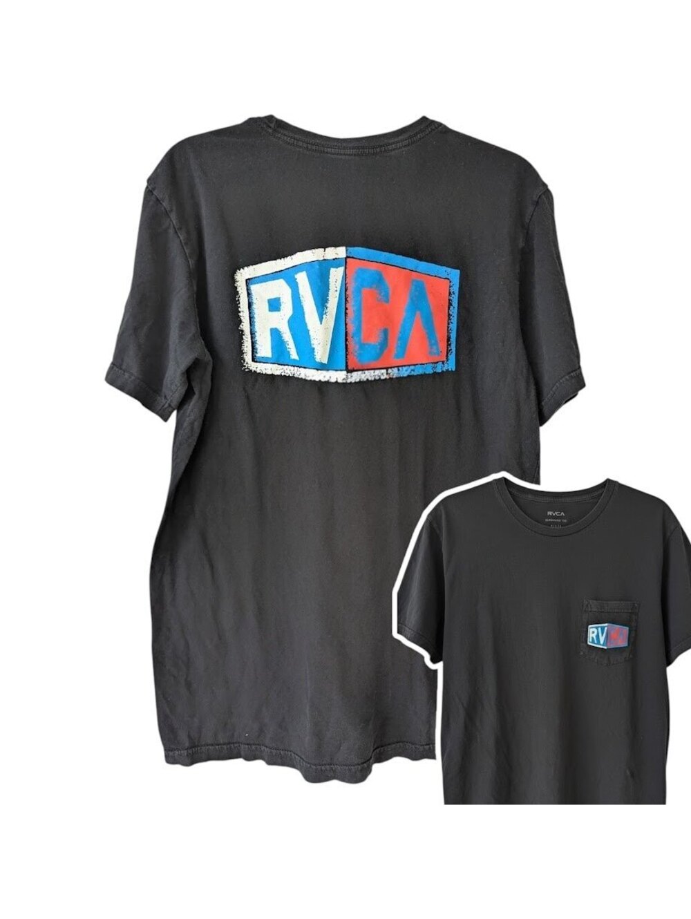 RVCA Graphic Pocket T-Shirt Mens Large Black Blue Red Logo Tee 21x28.5